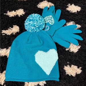 Kids Teal Heart Beanie and Gloves Set